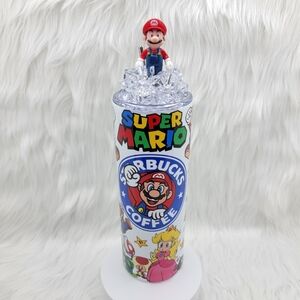 Super Mario skinny tumbler drinking cup 20 Oz. with ice topper.